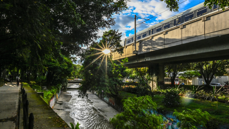 Sunlight reflected on a window pane of a train passing by in a city